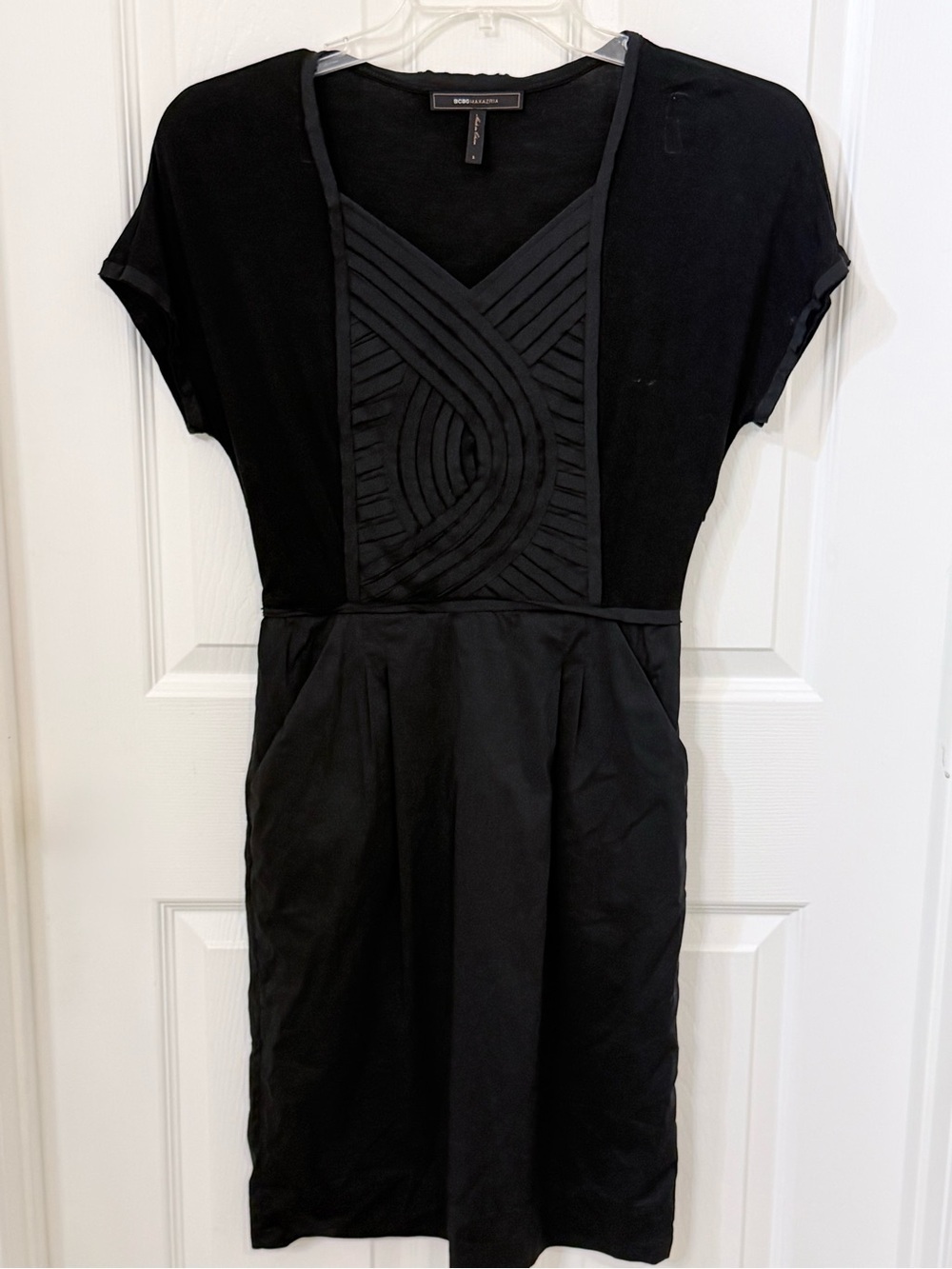 BCBGMaxAzria Black Short-Sleeve Sheath Dress with Textured V-Front